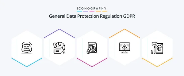 Gdpr Line Icon Pack Including Breach Surveillance World Security File — Stockvector