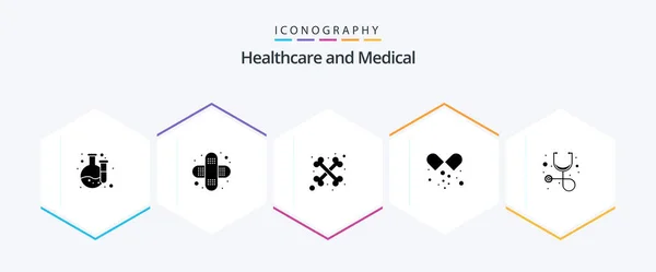 Medical Glyph Icon Pack Including Stethoscope Skeleton Healthcare Open Capsule — Image vectorielle