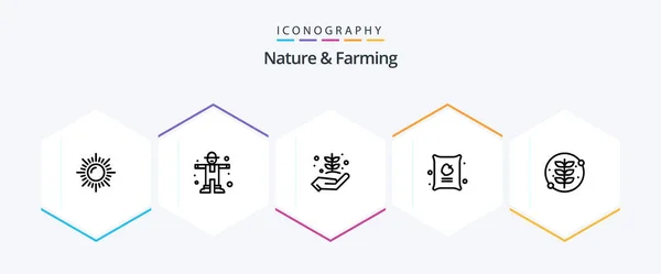 Nature Farming Line Icon Pack Including Leaf Bag Farming Apple — Stockvector