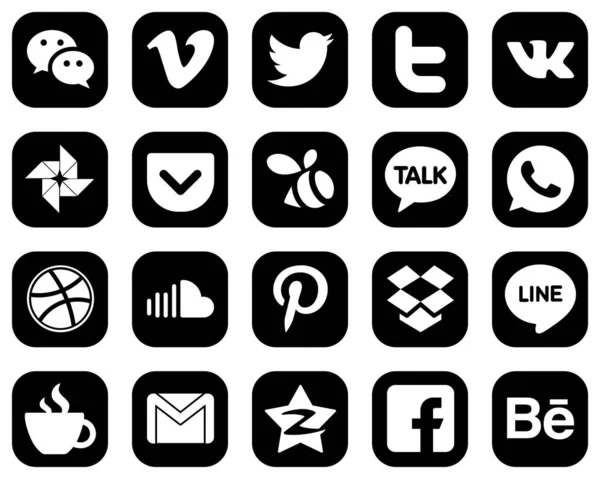 Elegant White Social Media Icons Black Background Dropbox Music Pocket — Archivo Imágenes Vectoriales