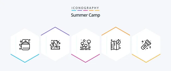 Summer Camp Line Icon Pack Including Camping Location Wood Compass — Vetor de Stock