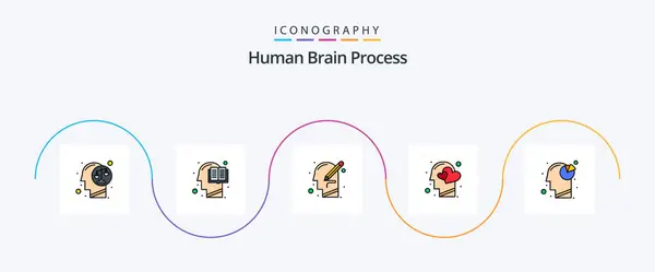 Human Brain Process Line Filled Flat Icon Pack Including Head — Vector de stock