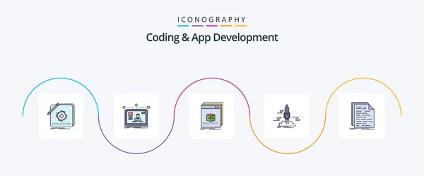 Coding App Development Line Filled Flat Icon Pack Including App — Stock Vector
