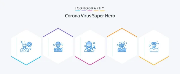 Corona Virus Super Hero Blå Ikon Pakke Herunder Trafik Politi – Stock-vektor