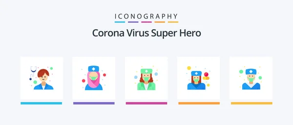 Corona Virus Super Hero Flat Icon Pack Including Doctor Hospital — Vector de stock