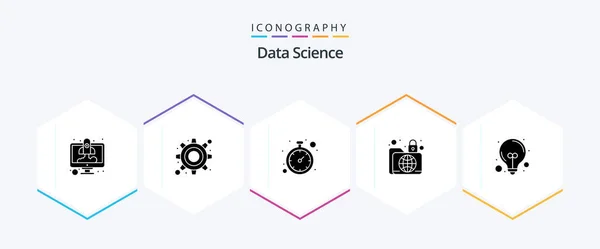Data Science Glyph Icon Pack Including Bulb Infrastructure Clock Global — Stok Vektör