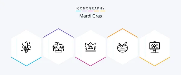 Mardi Gras Line Icon Pack Including Drum Easter Board — 图库矢量图片