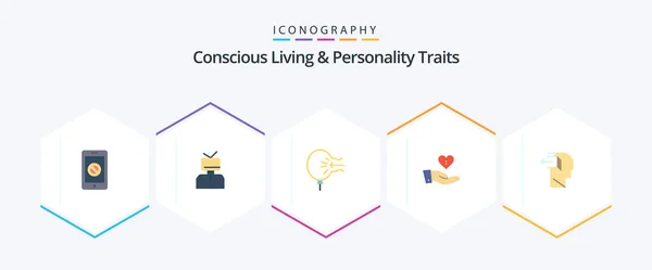 Concious Living Personality Traits Flat Icon Pack Including Giving Charity — Stock Vector
