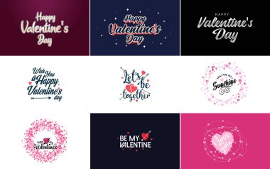 Happy Valentine's Day greeting background in papercut realistic style paper clouds. flying realistic heart on a string; pink banner party invitation template with calligraphy words text sign on copy space