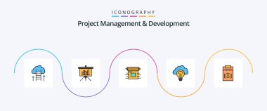 Project Management And Development Line Filled Flat 5 Icon Pack Including focus. light. report. idea. product