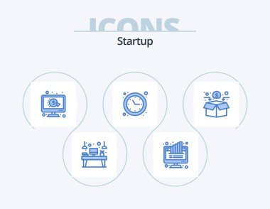 Startup Blue Icon Pack 5 Icon Design. time optimization. optimization. monitor. clock. per