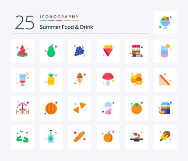 Summer Food & Drink 25 Flat Color icon pack including food vendor. food. grapes. fries. chips