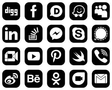 20 Fully Editable White Social Media Icons on Black Background such as chat. fb. professional. facebook and overflow icons. Premium and high-quality