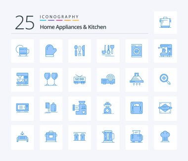 Home Appliances And Kitchen 25 Blue Color icon pack including electric. washing. oven. machine. travel