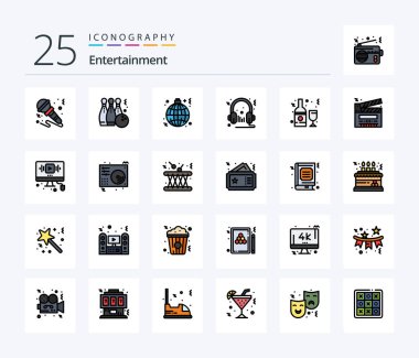 Entertainment 25 Line Filled icon pack including audio. headphone. sport. world. hang