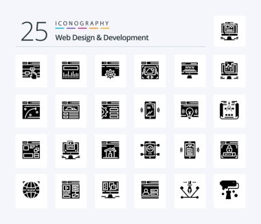 Web Design And Development 25 Solid Glyph icon pack including cloud sharing . web page . web. gear