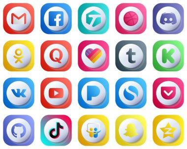 20 Cute 3D Gradient Icons for Top Social Media Platforms such as kickstarter. likee. discord. question and odnoklassniki icons. Editable and Simple
