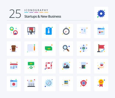 Startups And New Business 25 Flat Color icon pack including workflow. planning. business. productivity. clock