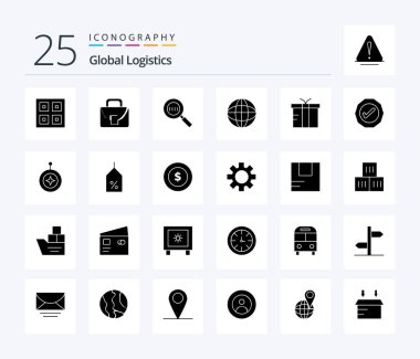 Global Logistics 25 Solid Glyph icon pack including box. internet. global. location. magnifying