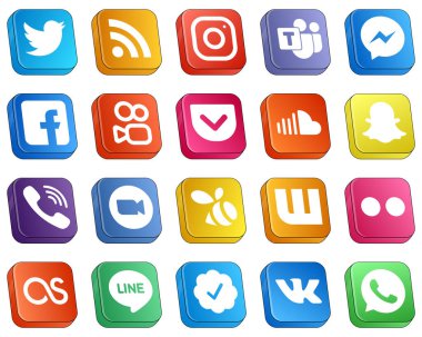 20 Simple Isometric 3D Social Media Icons such as soundcloud. kuaishou and facebook icons. Modern and minimalist