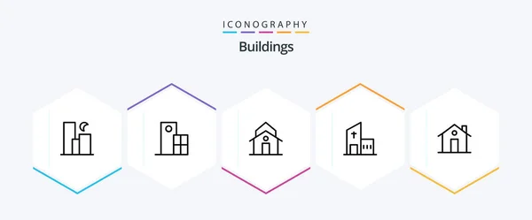 Buildings Line Icon Pack Including Church Building Modern Tower House — Διανυσματικό Αρχείο