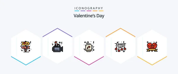 Valentines Day Filledline Icon Pack Including Ribbon Badge Insignia Love — 图库矢量图片
