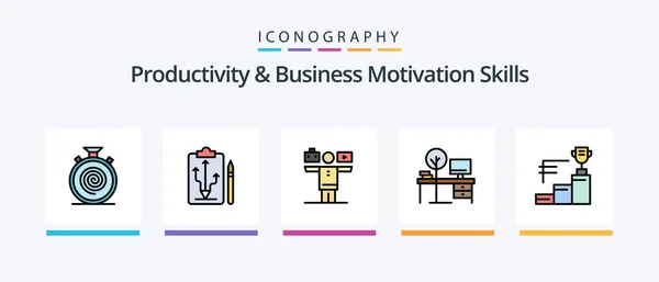 Línea Habilidades Productividad Motivación Empresarial Llenada Paquete Iconos Incluyendo Trabajo — Vector de stock
