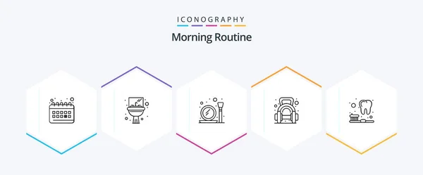 Morning Routine Line Icon Pack Including Brush Dumbbell Glass Weight — Stock Vector