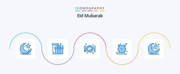 Eid Mubarak Blue Icon Pack Including Time Alarm Eid Fork — ストックベクタ