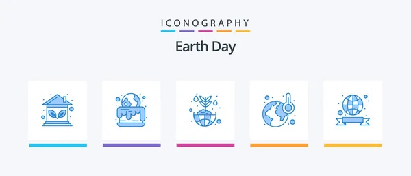 День Землі Blue Icon Pack Включаючи Стрічку Температура Квітка Зігрівання — стоковий вектор