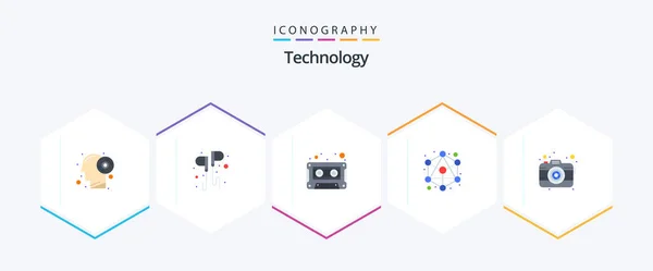 Technology Flat Icon Pack Including Photo Network Smartphone Hierarchy Tape — Vector de stock