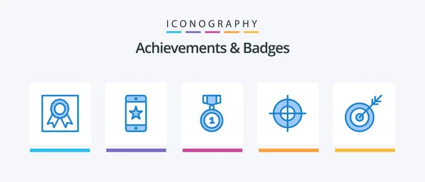 Achievements Badges Blue Icon Pack Including Dart Target Best Point — Stock Vector