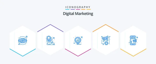 Digital Marketing Paquete Iconos Azul Incluyendo Compras Línea Mapas Altavoz — Archivo Imágenes Vectoriales