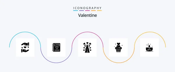Valentine Glyph Icon Pack Včetně Stromu Lásko Zápisník Den Valentine — Stockový vektor