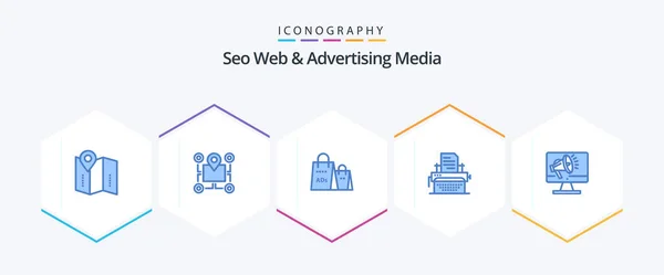 Seo Web Advertising Media Blue Icon Pack Including Typing Shopping — 图库矢量图片