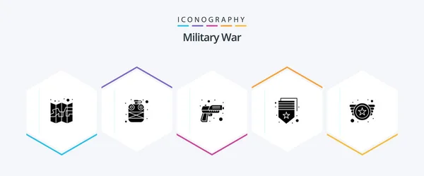 Pack Icônes Glyphe Guerre Militaire Incluant Badge Militaire Une Arme — Image vectorielle
