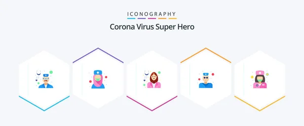 Corona Virus Super Hero Flat Icon Pack Including Girl Stethoscope — Stockvector