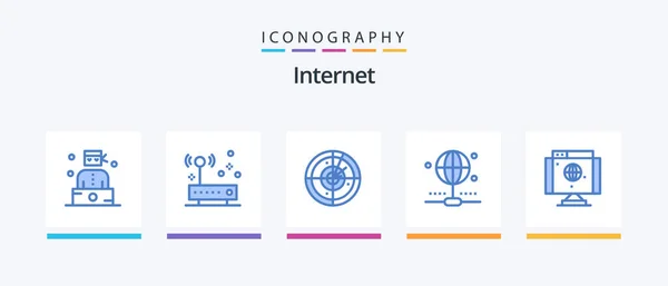 Nternet Mavi Simge Paketi Dahil Bilgisayar Alan Paylaş Bağlantı Yaratıcı — Stok Vektör