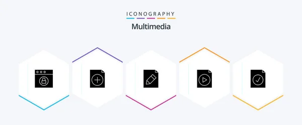 Multimedia Paquete Iconos Glifos Incluyendo Lápiz Seleccionado Completo — Archivo Imágenes Vectoriales