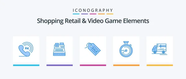 Shoping Retail Video Game Elements Blue Icon Pack Including Gooods — Stock Vector