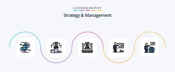 Strategy Management Line Filled Flat Icon Pack Including Strategy Presentation — Archivo Imágenes Vectoriales
