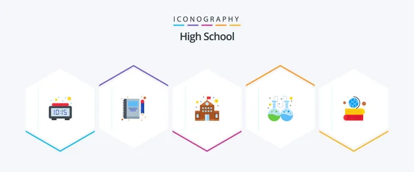 High School Flat Icon Pack Including Geography Books Write Research — 图库矢量图片