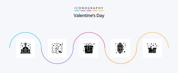 Valentines Day Glyph Icon Pack Including Charity Watch Bow Time — 图库矢量图片