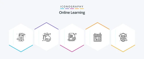 Online Learning Line Icon Pack Including Graduation Cap Web Online — Stock vektor