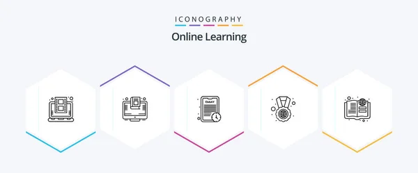 Online Learning Line Icon Pack Including Book World Screen Study — Wektor stockowy
