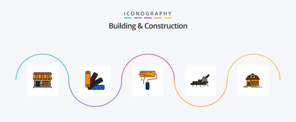 Building Construction Line Filled Flat Icon Pack Including Trovel Mason — Vettoriale Stock