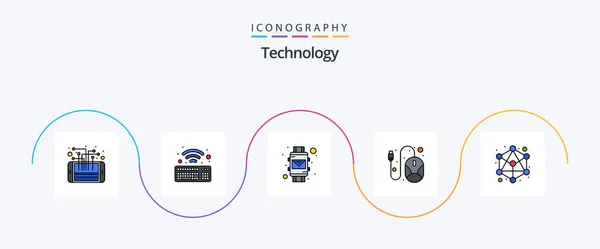 Technology Line Filled Flat Icon Pack Including Hierarchy Hardware Email — Stok Vektör