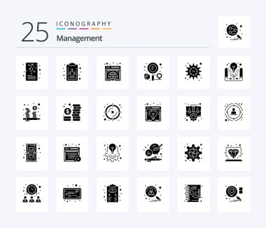 Management 25 Solid Glyph icon pack including management. search. global. location. finder