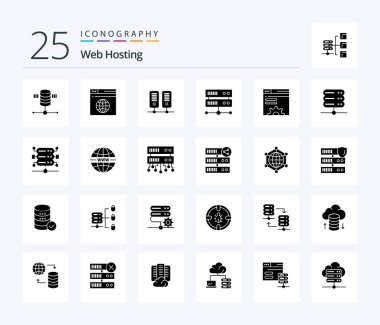 Web Hosting 25 Solid Glyph icon pack including hosting center. data center . server . data