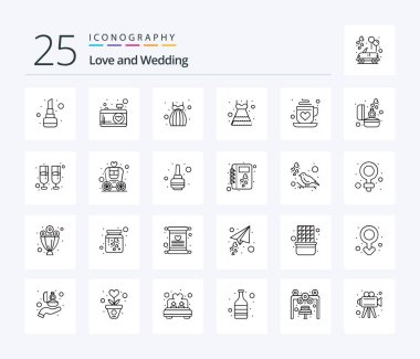 Wedding 25 Line icon pack including valentine. love. lace. coffee. lace